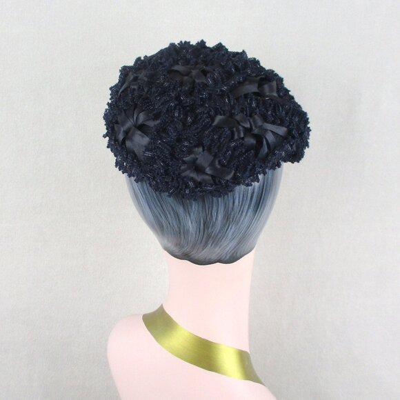 Blue Cocktail Hat Vintage 1960s Rafia Flower Juliet Cap Half Calot - Picture 3 of 6